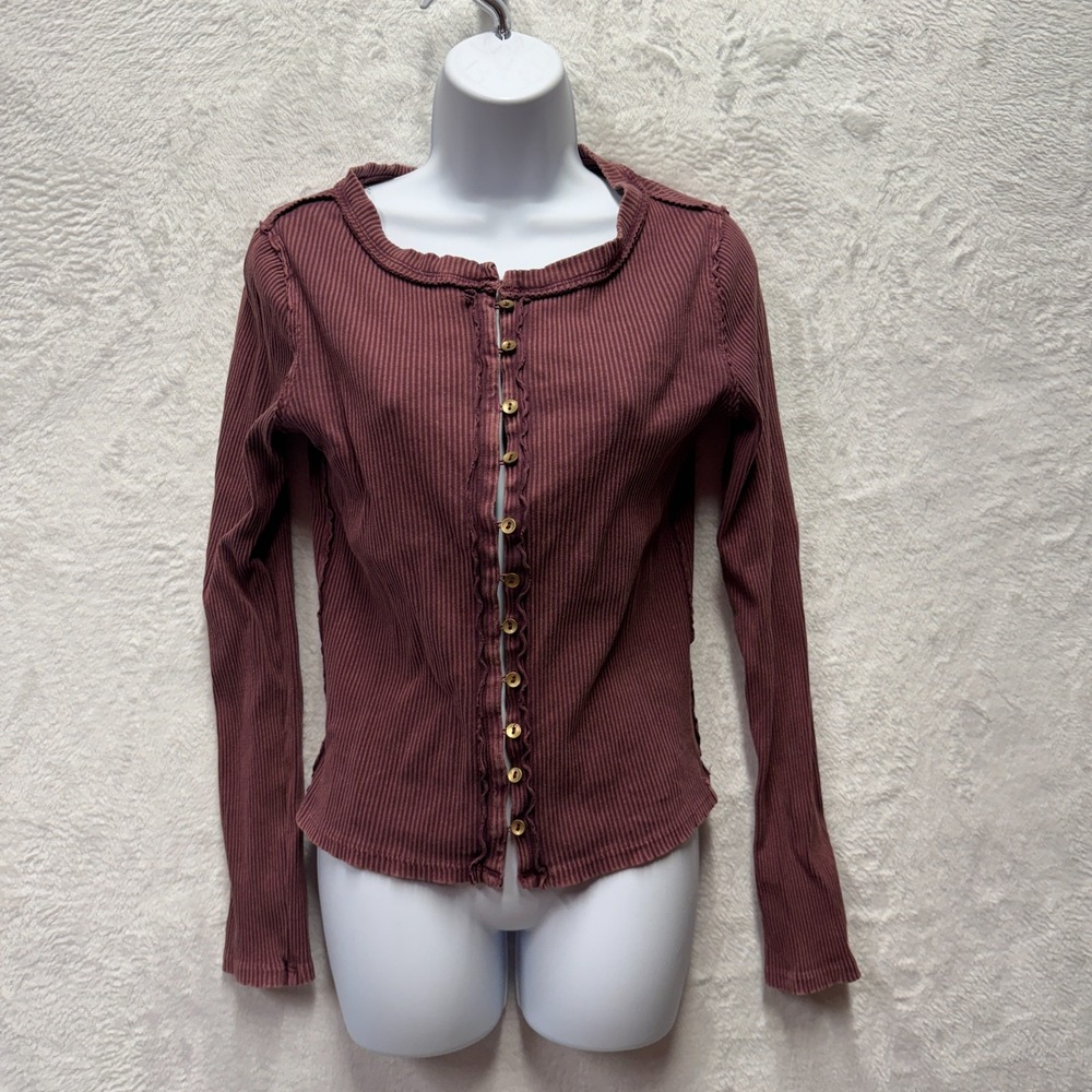 Free People Ribbed Cotton Top Its On Cardi Womens Medium Burgundy Red Vintage